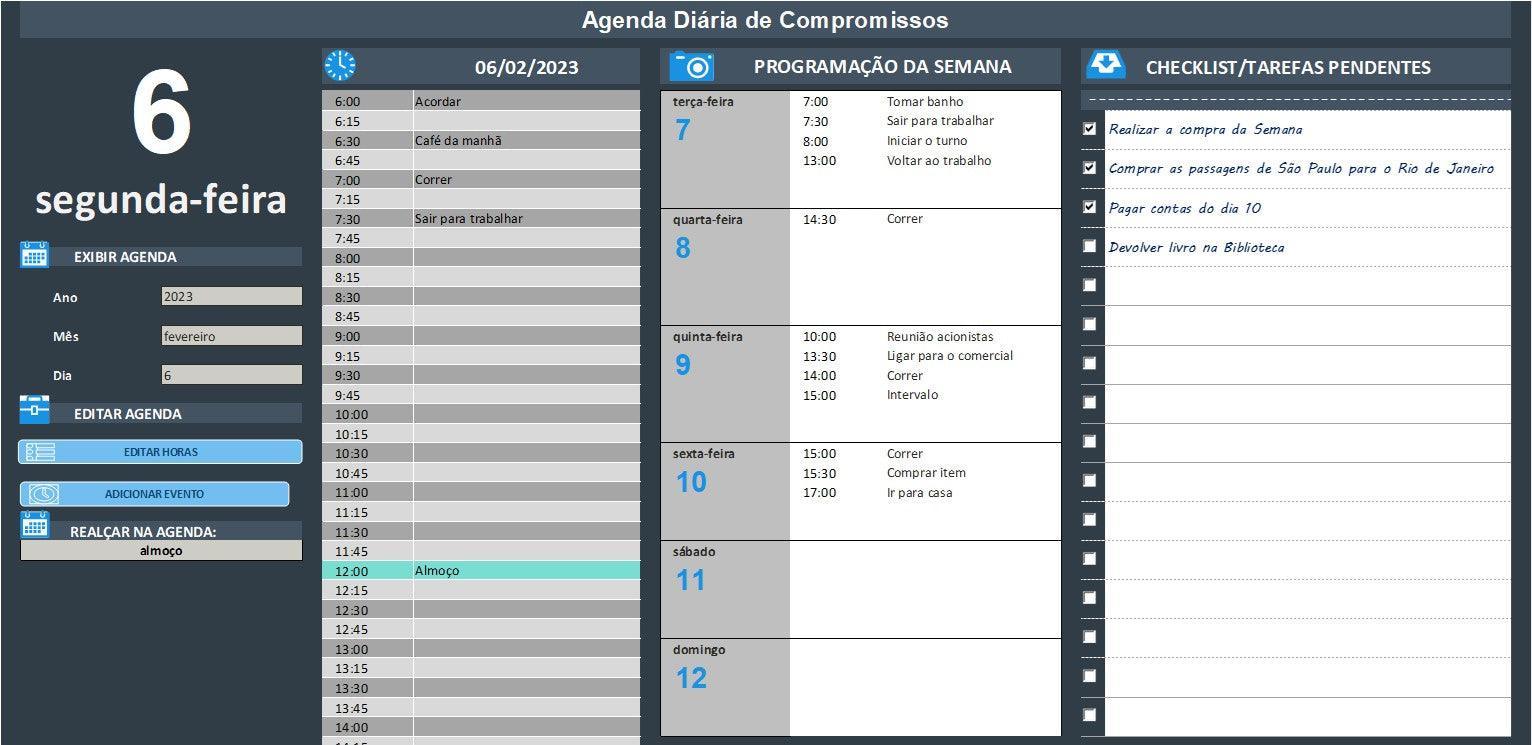 Planilha de Agenda Pessoal Diária e Semanal com Lista de Tarefas em Excel