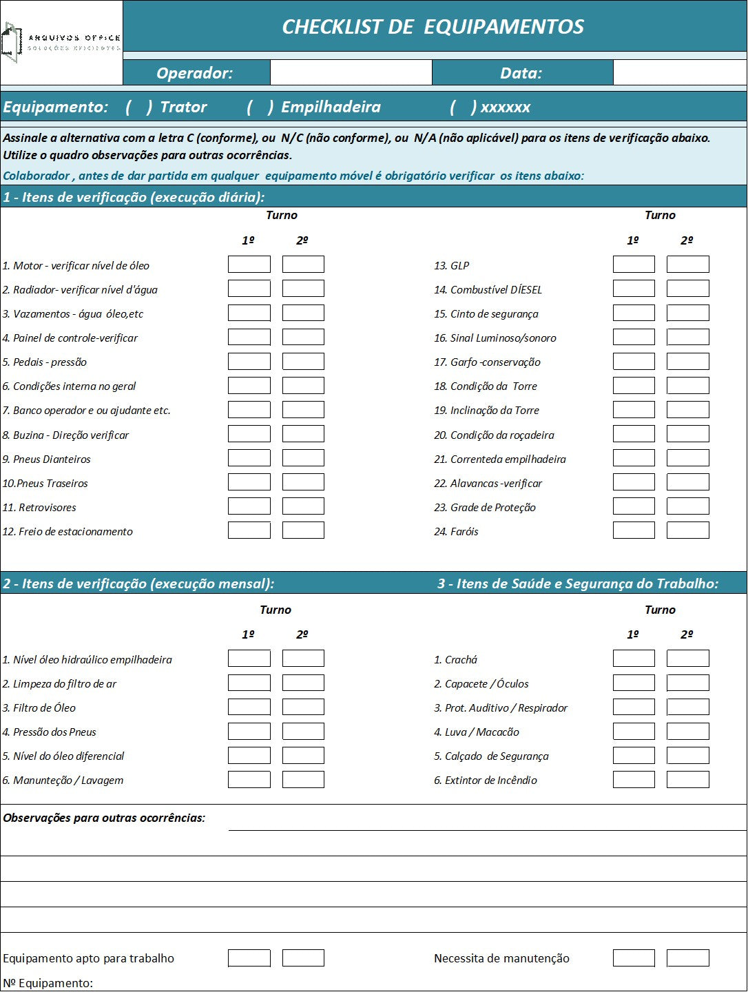 Planilha Checklist de Equipamentos em Excel mostrando itens a serem verificados e observações.