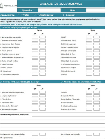 Planilha Checklist de Equipamentos em Excel mostrando itens a serem verificados e observações.