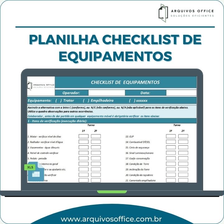 Planilha Checklist de Equipamentos em Excel mostrando itens a serem verificados