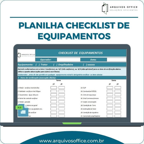 Planilha Checklist de Equipamentos em Excel mostrando itens a serem verificados