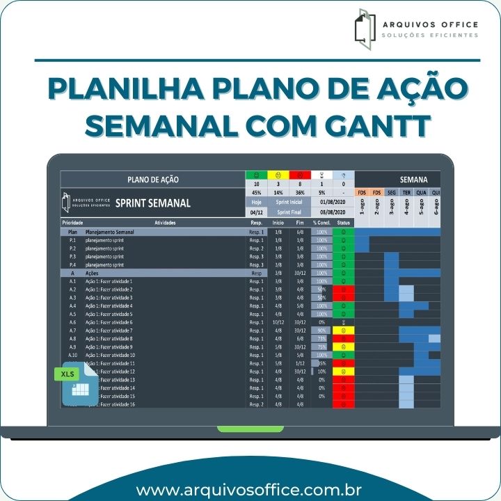 planilha de plano de ação semanal com gráfico de gantt darkmode modo escuro em Excel.