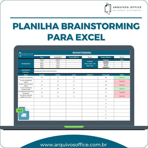 Planilha para Realizar Brainstorming e Validar Ideias em Excel mostrando critérios de avaliação, ideias geradas e pontuações.