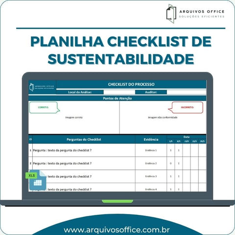 Planilha Checklist em Excel mostrando itens a serem verificados, status e imagens de conformidade.