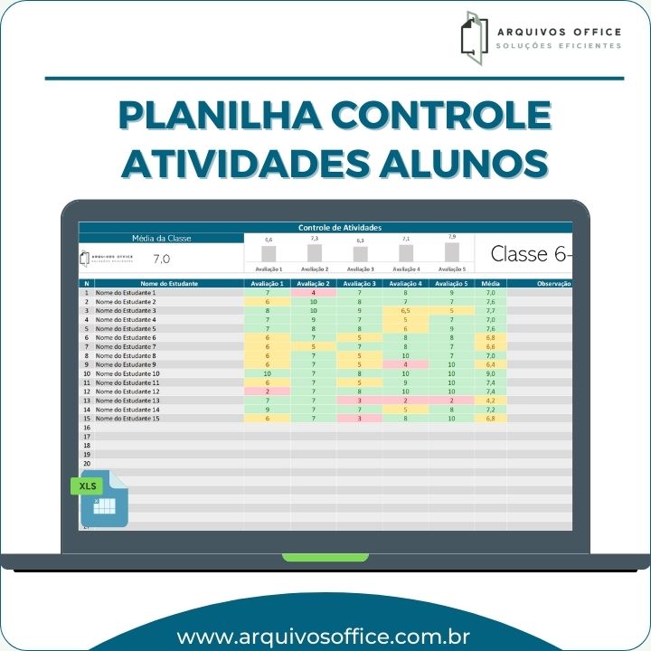 Imagem da Planilha Controle de Atividades de Alunos em Excel mostrando tabelas de notas e gráficos de desempenho dos alunos.