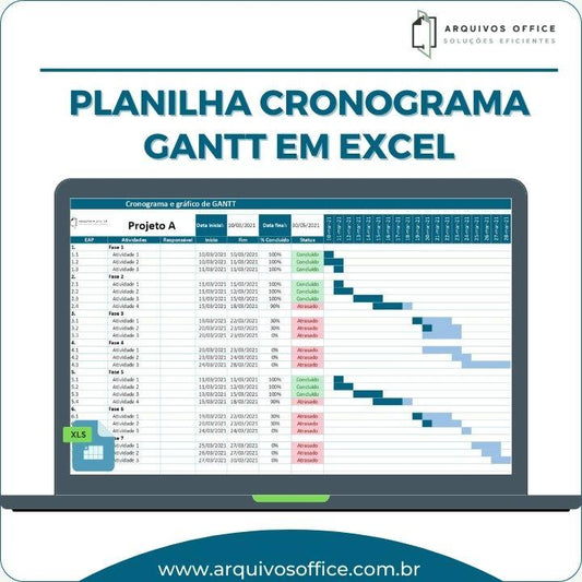 Planilha de Cronograma Gantt em Excel mostrando atividades, prazos, e status de conclusão em gráfico de Gantt.