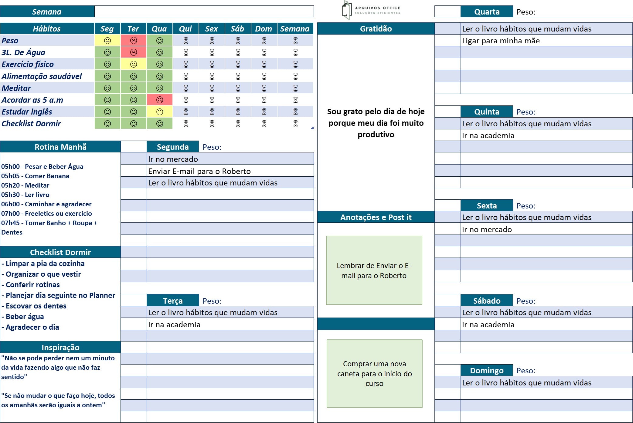 Planilha Planner Semanal em Excel