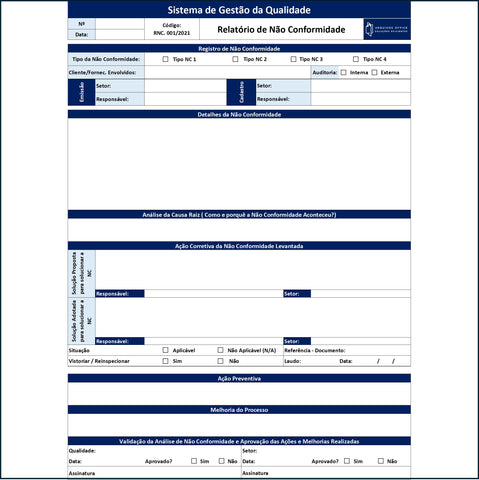 Planilha Relatório Não Conformidade ( RNC ) em Excel